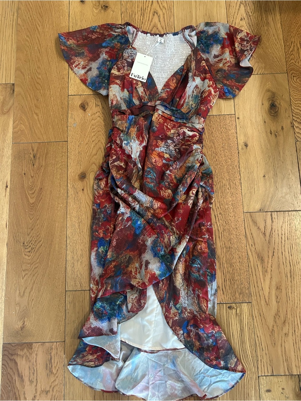 Abstract Floral High-Low Wrap Dress - Red Multi